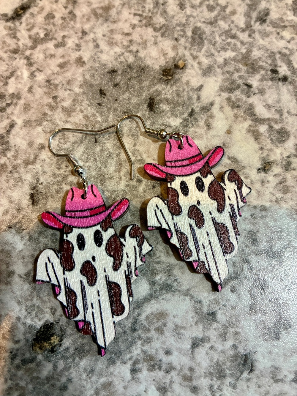 Wooden cowgirl ghost Halloween spooky earrings